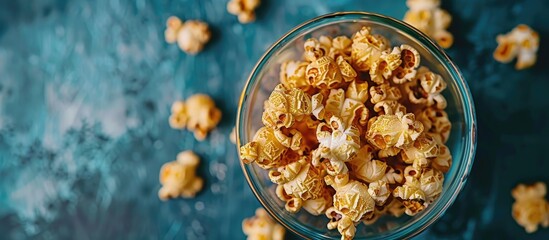 Aufkleber - Top view of a glass bowl filled with golden caramel popcorn, featuring ample copy space image.