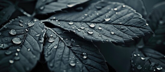 Aufkleber - Monochrome-toned close-up of a leaf with water droplets, ideal for a copy space image.