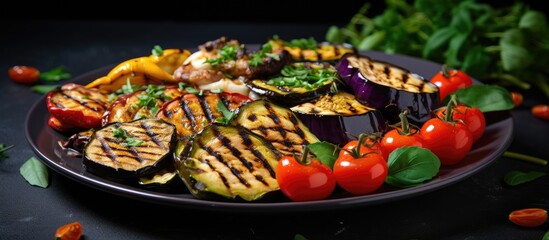 Poster - Grilled vegetables like eggplant, peppers, and tomatoes as appetizing meal or snack on the table with space for copy image.