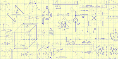 Wall Mural - school notebook sheet with formulas.physics and mathematics . scientific research. vector illustrati