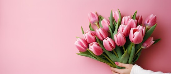Poster - A woman holding a lovely bunch of vibrant pink tulips with copy space image.