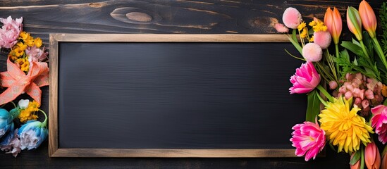 Poster - Wooden background with home decorations and a flower bouquet next to an empty chalkboard mockup for a text message with copy space image.