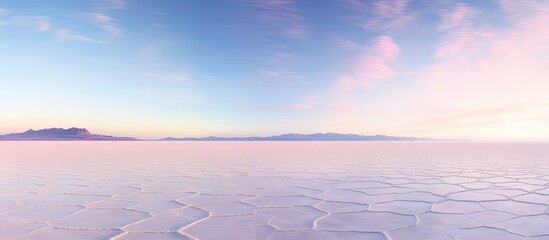 Sunrise over Uyuni Salt Flat, showing a vast expanse of white salt with a clear sky and plenty of copy space for images.