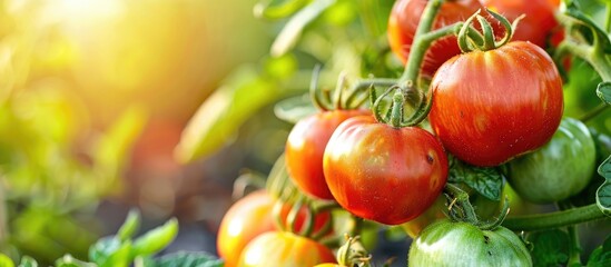 Poster - Fresh and healthy organic tomatoes growing in a garden on a farm, providing vibrant colors and rich flavors, ideal for copy space image.