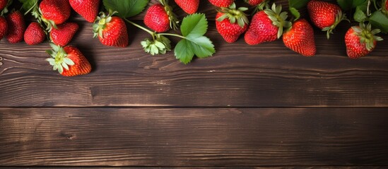 Poster - Fresh strawberries grouped on a wooden surface with copy space image, depicting healthy and vegetarian food, shot from above.