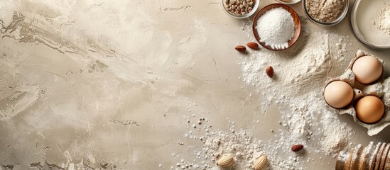 Aufkleber - A light stone table with various baking ingredients like flour, sugar, and eggs, viewed from above, providing space for additional text or images.