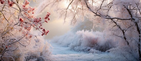 Poster - In autumn, frost coats a blackberry bush providing a picturesque scene with a beautiful copy space image.