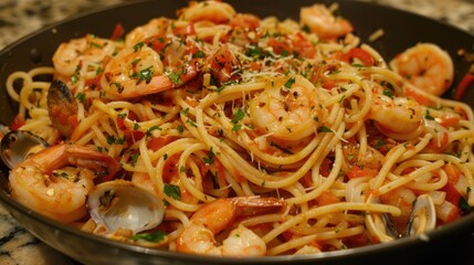 vSeafood drunken spaghetti with shrimp, squid, clams, and a hint of chili