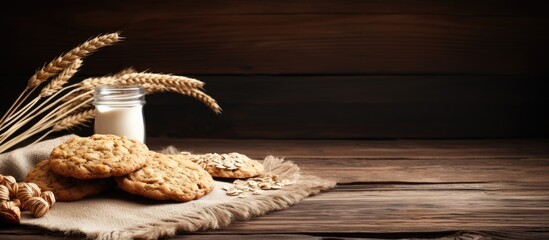Fototapete - Oat cookies displayed on a rustic wooden table with a blank space for adding an image. with copy space image. Place for adding text or design
