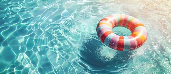 Poster - Colorful pool float drifting on clear turquoise water under bright tropical sunlight, offering a serene view with ample copy space image.