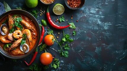 Wall Mural - Spicy and Sour Thai Tom Yum soup served in a traditional Thai bowl with seafood