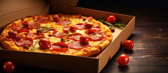 Poster - A pizza with melted cheese and spicy sausages is displayed in a cardboard box on a table, offering an enticing view with blank space for text or graphics. with copy space image