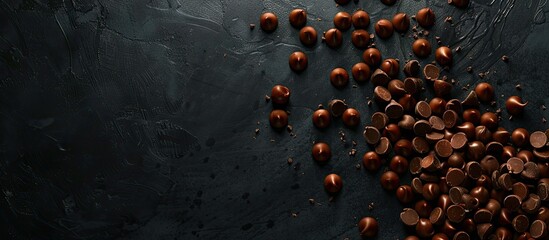 Poster - Chocolate candies on a black backdrop with scattered chocolate chips for a copy space image.