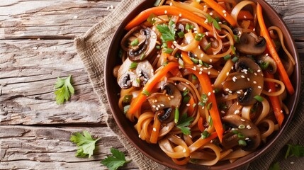 Wall Mural - Stir-fried large noodles with soy sauce, mushrooms, and carrots