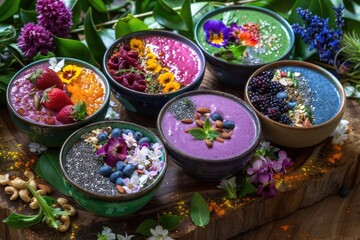 An elegant display of colorful, plant-based smoothie bowls topped with fresh fruits, nuts, and edible flowers, set on a rustic wooden table with a backdrop of leafy greens
