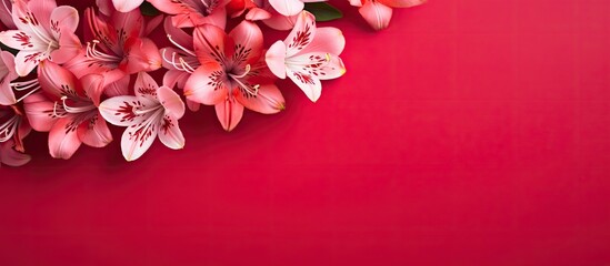 Poster - Alstroemeria flowers with heart decorations on a red backdrop creating a romantic ambiance for Valentine's Day. Flat lay view emphasizing copy space image.