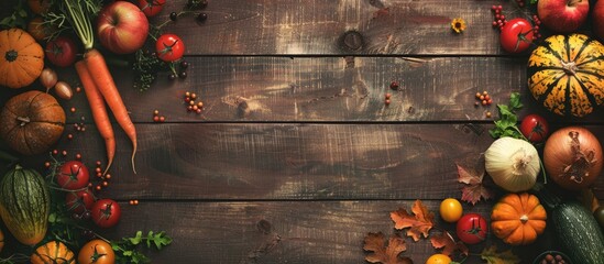 Aufkleber - Fresh autumn vegetables arranged on a rustic wooden surface for a flat lay style with a background suitable for adding text or other elements - copy space image.