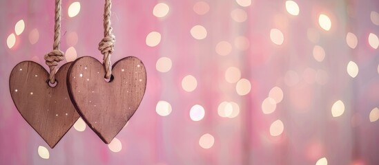 Poster - Festive holiday-themed background with wooden heart decorations hanging on a rope against a pink backdrop with glowing lights and blurred background; focused on copy space image.