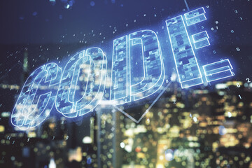 Aufkleber - Code word hologram on blurry cityscape background, artificial intelligence and neural networks concept. Multiexposure