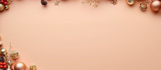 Aufkleber - Top-down view of a Christmas-themed border with golden ornaments on a Peach Fuzz background, designed with space for inserting an image. with copy space image. Place for adding text or design