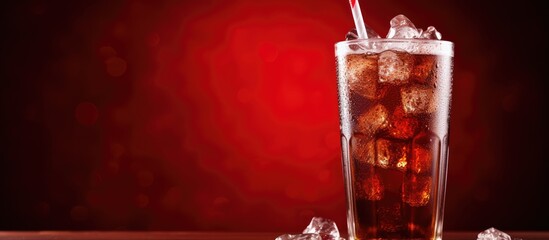 Aufkleber - Brown fizzy soda. Chilled sweet cola with ice on red backdrop, featuring copy space image.