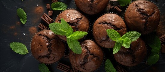 Aufkleber - Top view of chocolate and mint muffins against a dark slate background, providing a spacious area for additional images or text.