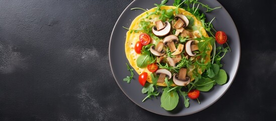 Poster - An appetizing mushroom omelette with salad beautifully arranged on a plate against a dark concrete background with ample copy space. Promoting a healthy food concept. Top view display.