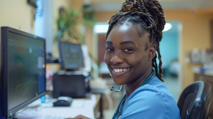 Poster - A woman sits in front of a computer monitor with a focused expression, possibly working or studying