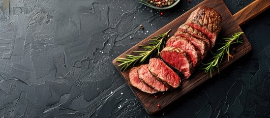 Poster - Sliced medium rare roast beef steak with rosemary and spices as top view on a modern design cutting board. Copy space image. Place for adding text or design