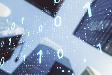 Poster - Abstract virtual binary code sketch on blurry cityscape background, hacking and matrix concept. Multiexposure