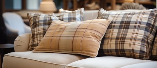 Aufkleber - Beige sofa adorned with cushions and plaid up close, portraying a cozy home concept, with ample copy space image.