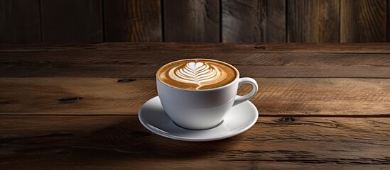 Wall Mural - A white coffee cup filled with latte coffee, set on a wooden surface, providing an area for text or images. with copy space image. Place for adding text or design