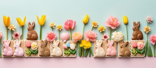 Poster - A grid showcasing delectable Easter cookies designed as bunnies and tulip flowers, set against a bright background with ample copy space image.