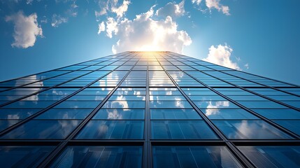 Poster - futuristic solar powered skyscraper with transparent glass facade reflecting dramatic sky