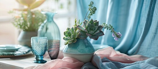 Poster - table decoration. succulents in a vase on the table with blue and pink fabrics,with plates and glasses. with copy space image. Place for adding text or design