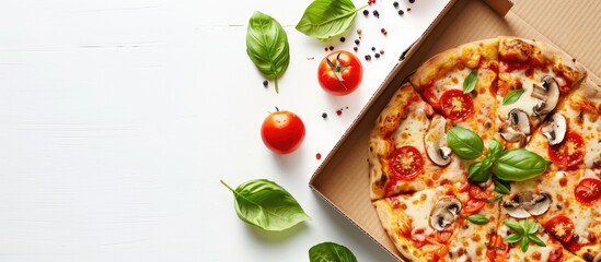 Poster - Pizza topped with tomato, mozzarella, and porcini mushrooms in a takeout box, isolated on white background with room for text, copy space image.