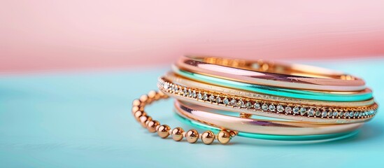Poster - Beautiful expensive gold bracelets on pastel background. with copy space image. Place for adding text or design