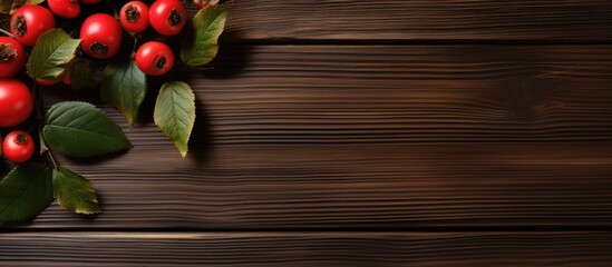 Poster - A flat lay setup features ripe rose hip berries and green leaves on a wooden table, creating a harmonious display with ample copy space for text.
