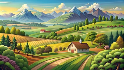 Wall Mural - Nature and landscape. Vector illustration of mountains, trees, plants, fields and farms. For prints, cover or card designs, art decoration.