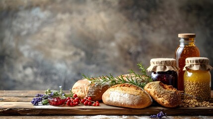 Rustic Farmhouse Table with Homemade Bread Jams and Natural Ingredients