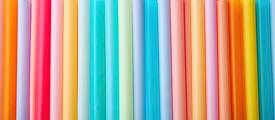 Poster - Colorful plastic straws stacked on a vibrant background in a flat lay composition with space for text. Copy space image.
