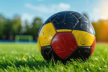 Sticker - A soccer ball sitting on a lush green grassy field, perfect for sports or outdoor use