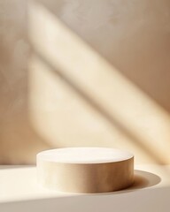 Poster - Elegant Minimalist Tan Cylindrical Podium with Soft Shadows and Warm Lighting in Monochromatic Setup