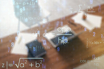 Poster - Creative scientific formula concept and modern desktop with computer on background. Multiexposure