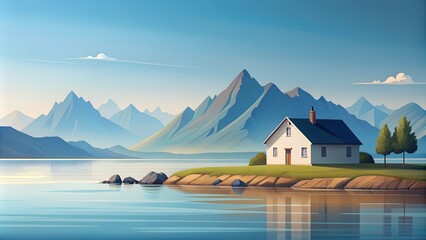 Wall Mural - Minimalist seaside landscape with country house and mountain ranges graphic illustrated have blank space.