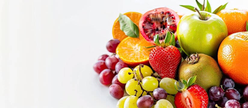 pile of various types of fresh organic fruits ( red strawberry, green apple, mangosteen, kiwi, orang