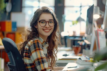 Poster - A woman sits at a desk with a computer and is typing or browsing online