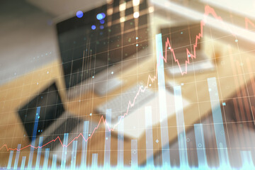 Poster - Multi exposure of abstract financial diagram and modern desk with computer on background, banking and accounting concept