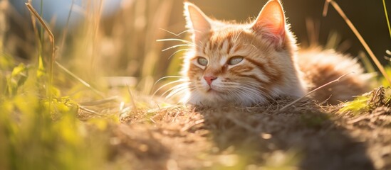Poster - A cute orange striped cat enjoys the sun, resting on dry grass under the spring sun with clear copy space in the image.