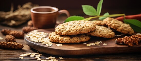 Fototapete - Oat cookies displayed on a rustic wooden table with a blank space for adding an image. with copy space image. Place for adding text or design